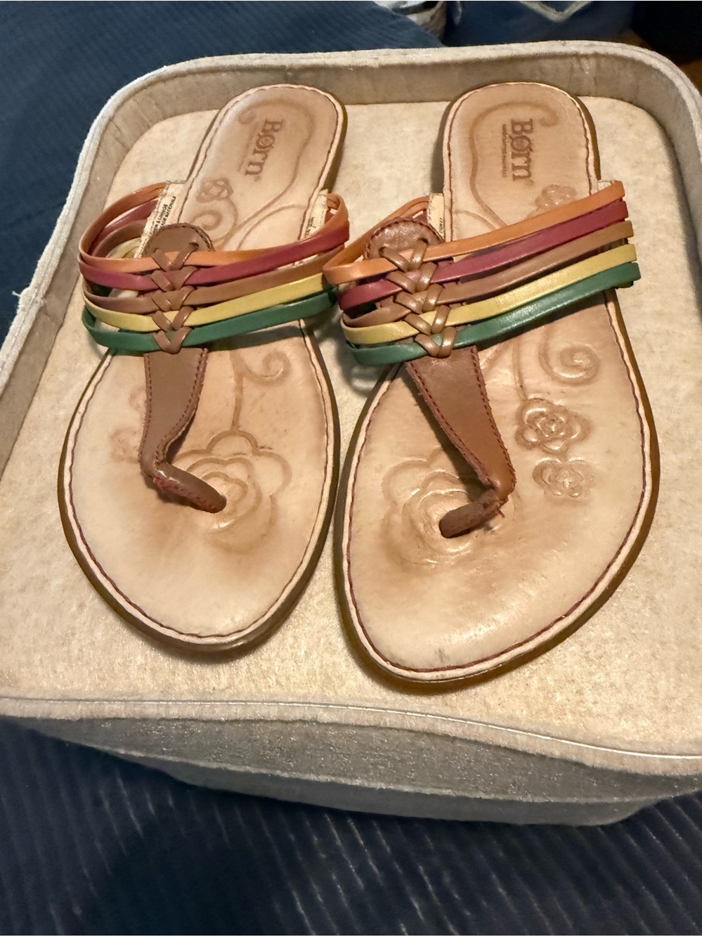 Born Multistrap Tan Leather Thong Sandals with Rainbow Accents